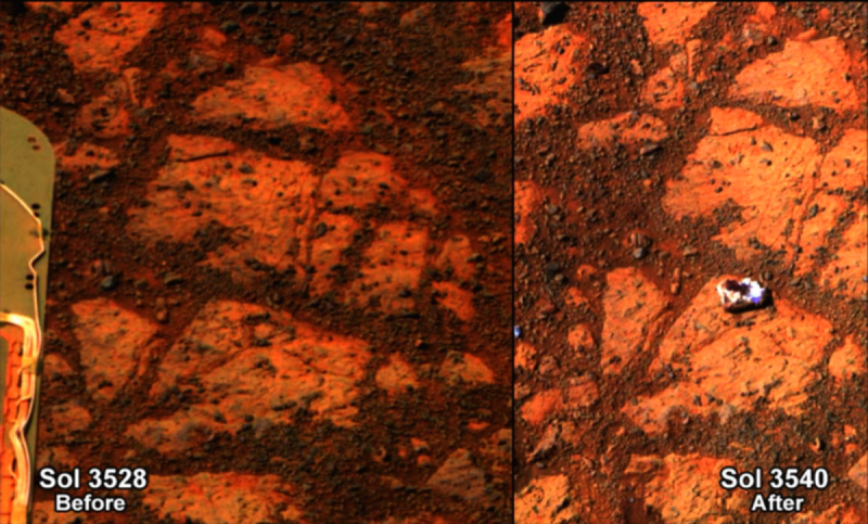 На левом снимке камня нет, на другом он появляется. Фото NASA