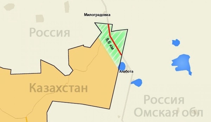 Зеленым цветом закрашена территория, которую просит у Казахстана российская сторона. © ngs55.ru