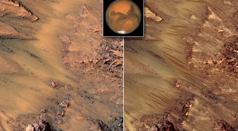 Темные полосы на фото справа - потоки жидкой воды на склонах Марса.  © NASA