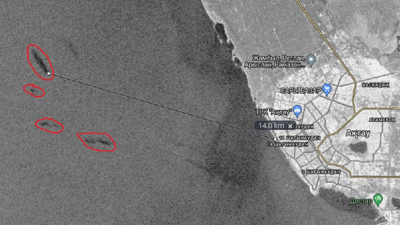 Снимок со спутника Sentinel-1 Telegram-канал "Прозрачный мир на Каспии"