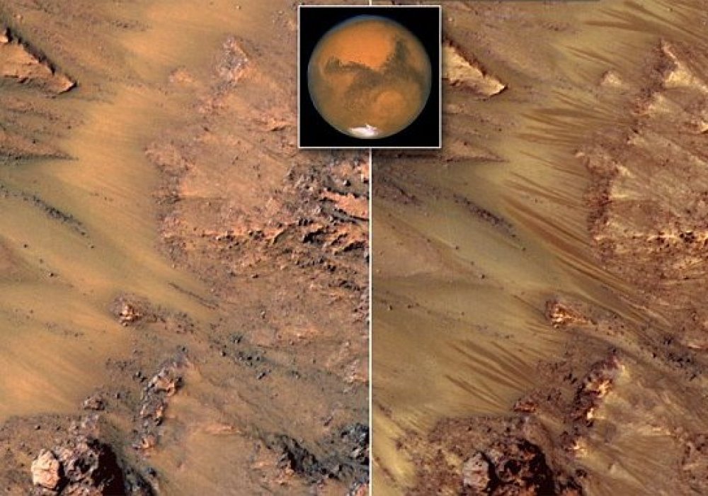 Темные полосы на фото справа - потоки жидкой воды на склонах Марса.  © NASA